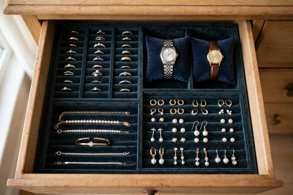 Velvet drawer inserts organizing rings and earrings