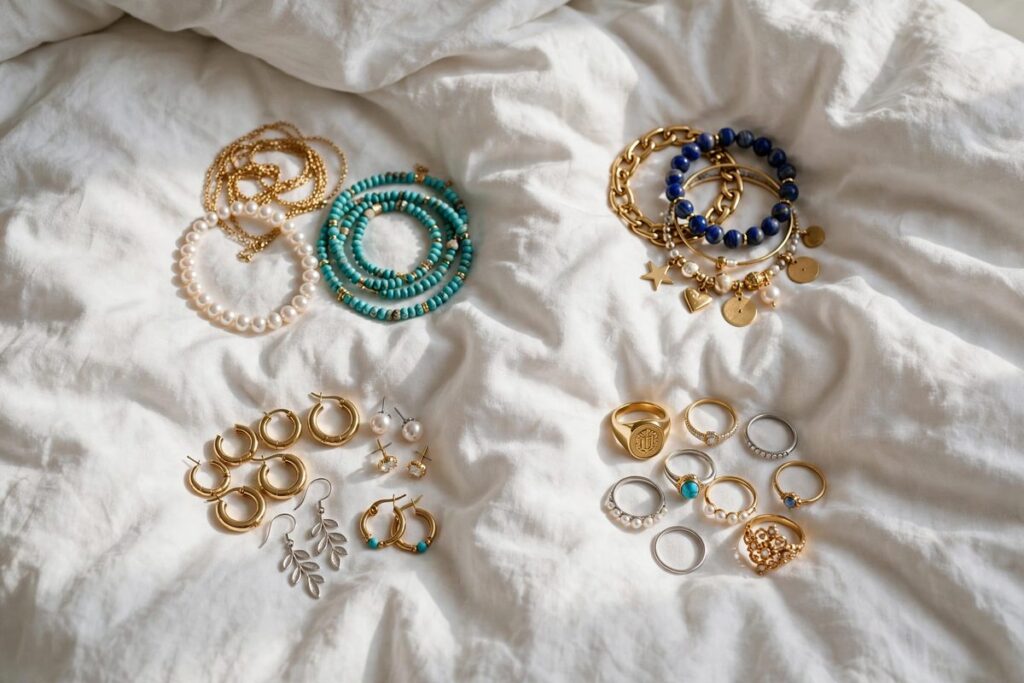Jewelry pieces spread out on a bed for sorting