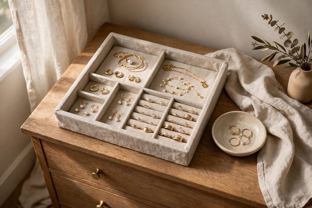 Elegant jewelry tray on a dresser