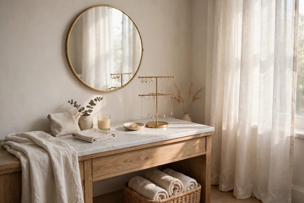 Serene vanity corner with a jewelry stand