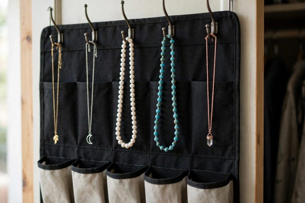 Necklaces hanging on individual hooks