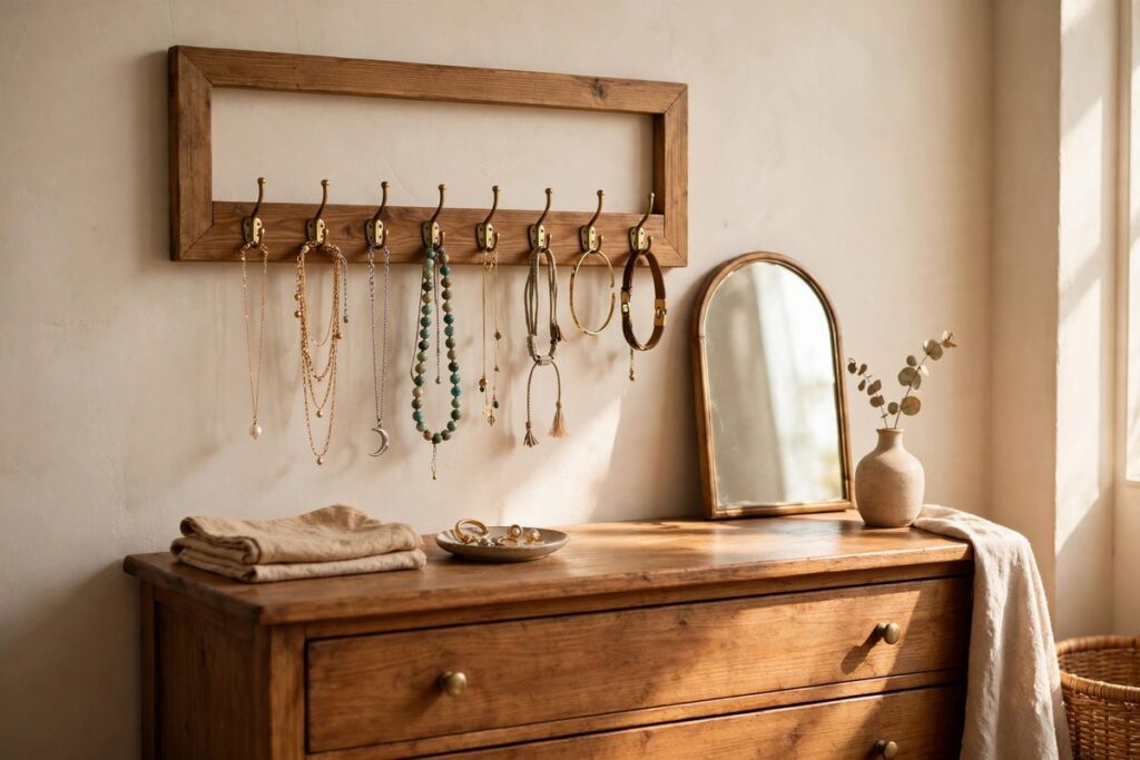 Framed wall display with brass hooks holding necklaces