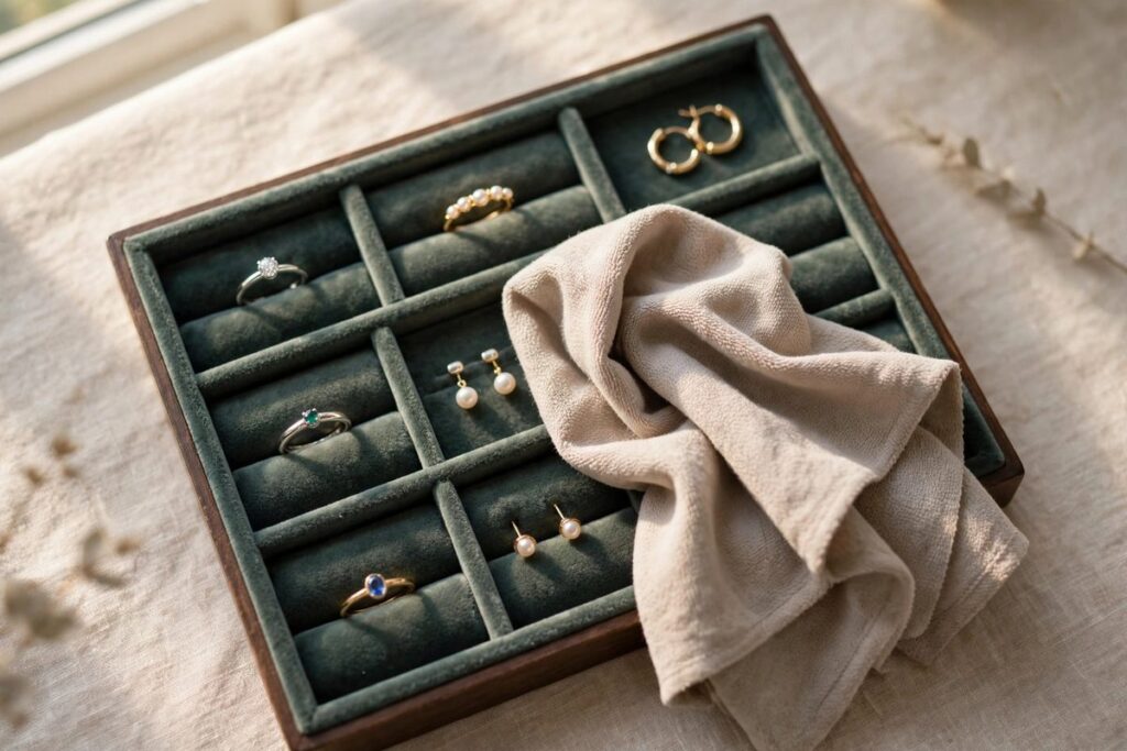Wiping down a jewelry tray during a weekly reset