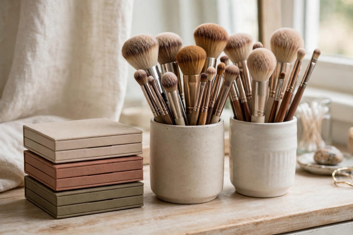 Makeup brush cups with brushes standing bristles up