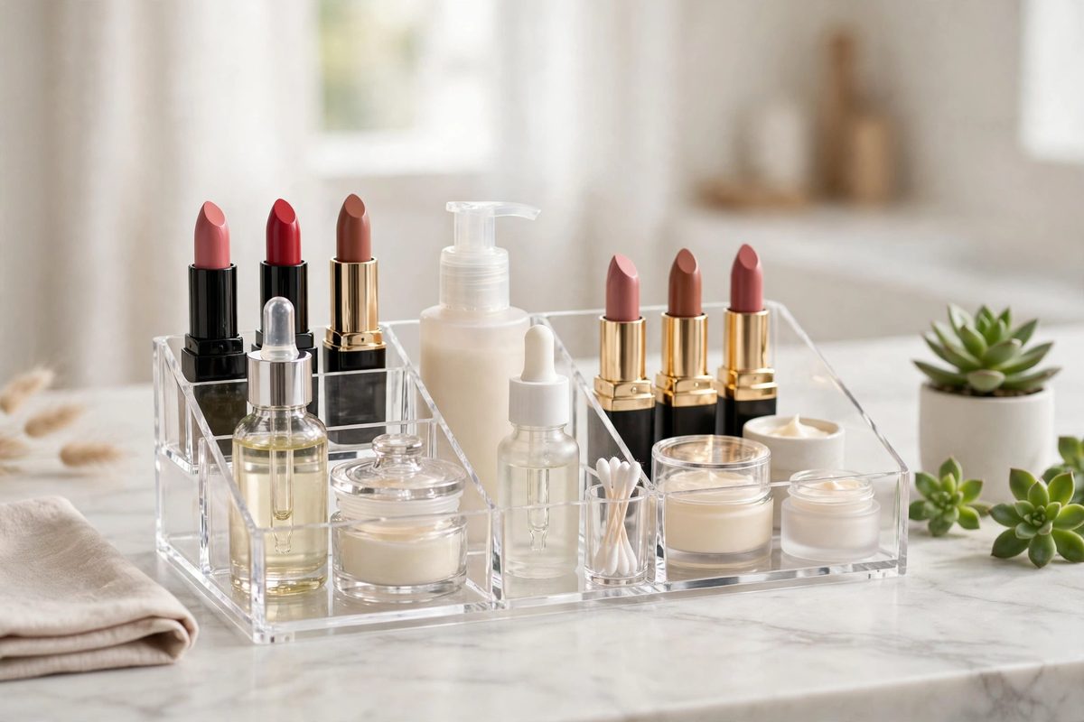 Clear acrylic organizer with lipsticks and skincare on a countertop