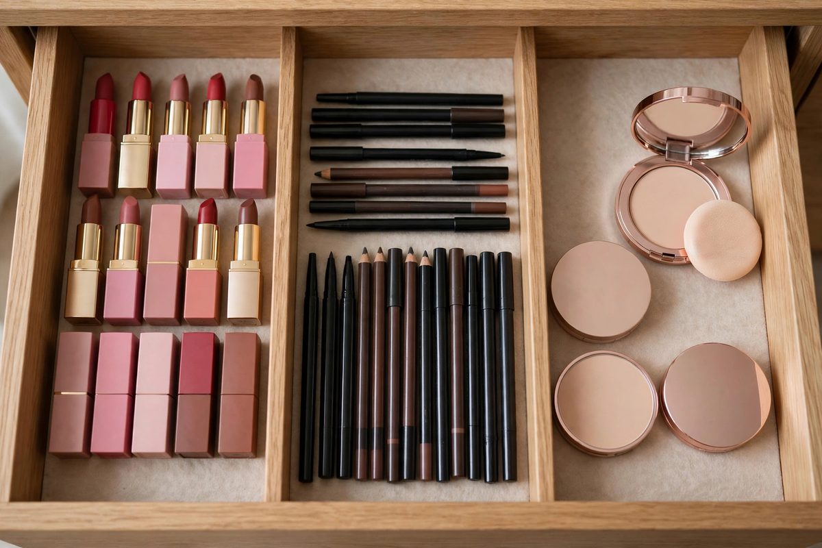 Vanity drawer with dividers organizing makeup