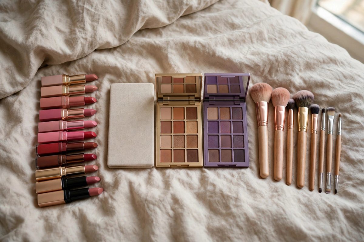Makeup products spread out on a bed for sorting