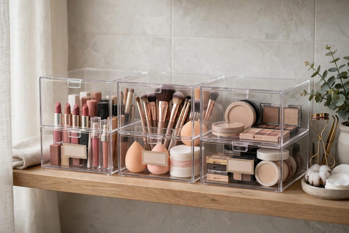 Labeled makeup storage boxes on a vanity shelf