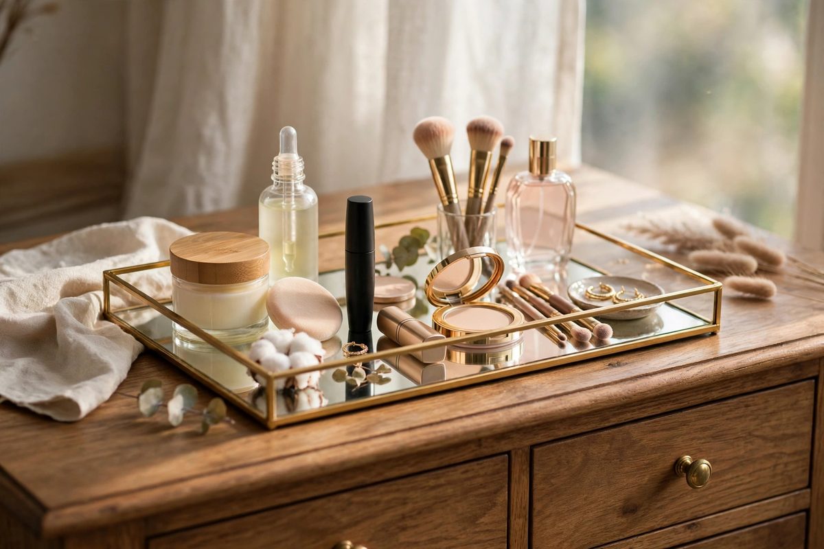 Elegant vanity tray with organized makeup on a dresser