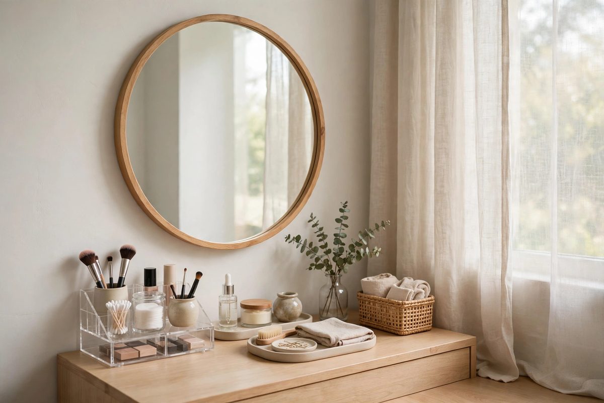 Tidy vanity corner with a mirror and makeup stand