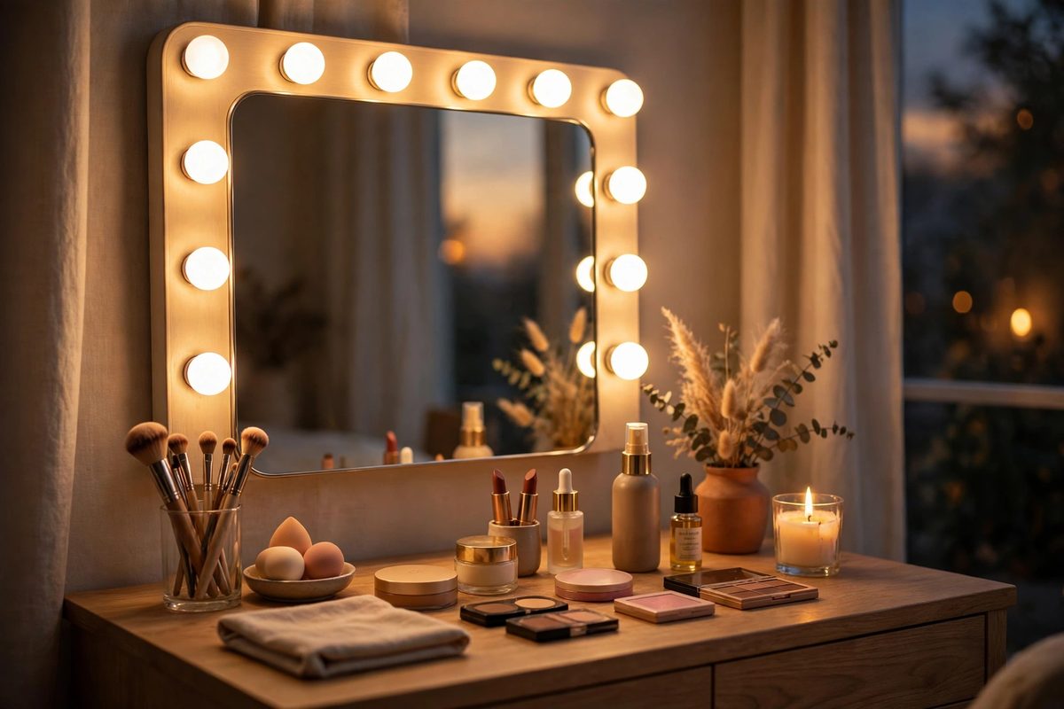 Vanity mirror with warm lights and organized makeup