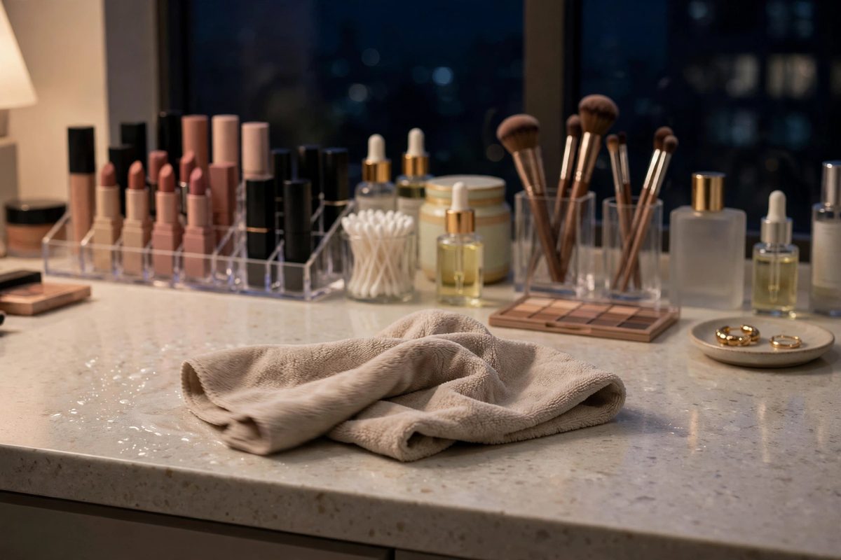 Wiping a vanity countertop clean at night