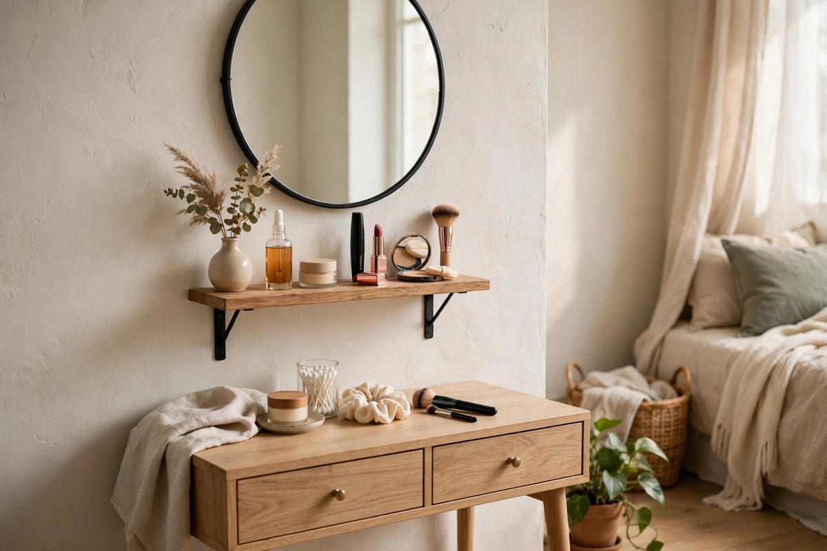 Small wall shelf with makeup above a vanity table